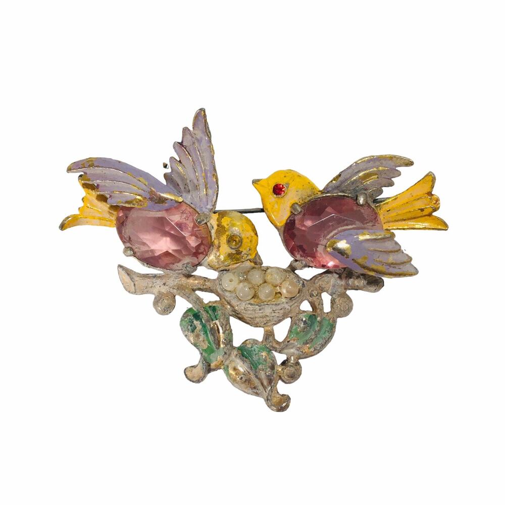 Vtg Brooch Pin Rhinestones Colorful Birds Costume Jewelry 1950s Hand Painted USA